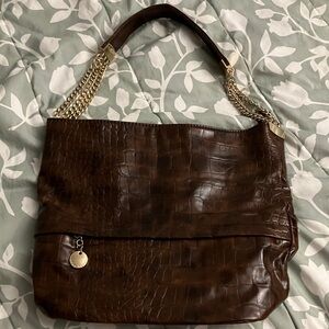 Ivanka Trump Brown Crocodile-Embossed Shoulder Bag with Gold Chains